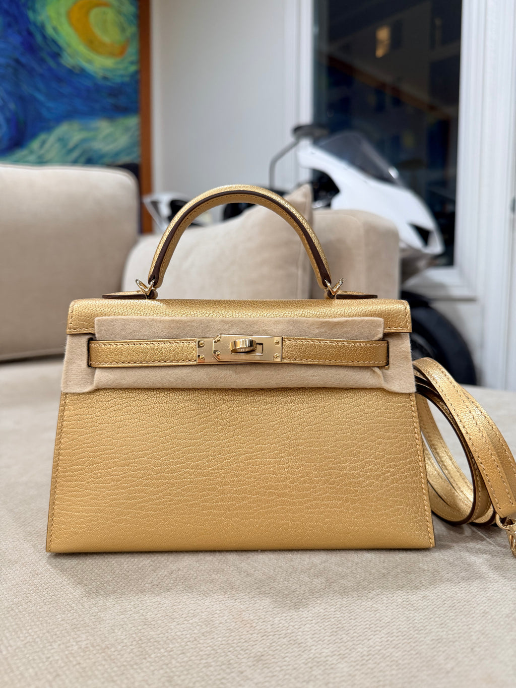 Hermès Dore Chèvre Chamkilight Metallic Mini Kelly II with Permabrass Hardware