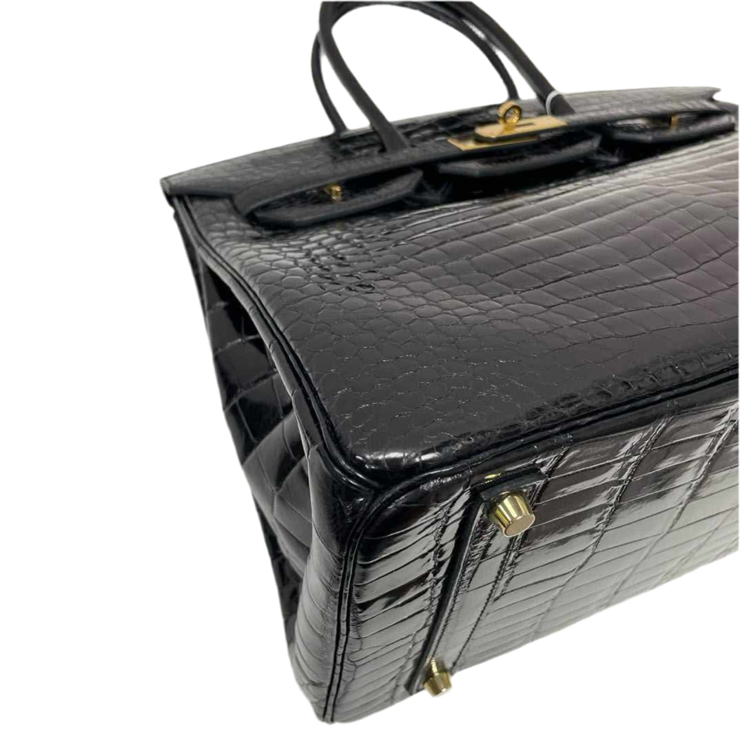 Birkin 35 Black Shiny Porosus Crocodile Gold Hardware
