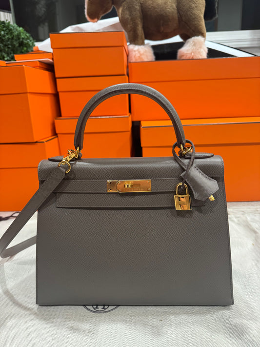 HERMES KELLY SELLIER 28 GRIS ETAIN EPSOM GOLD HARDWARE