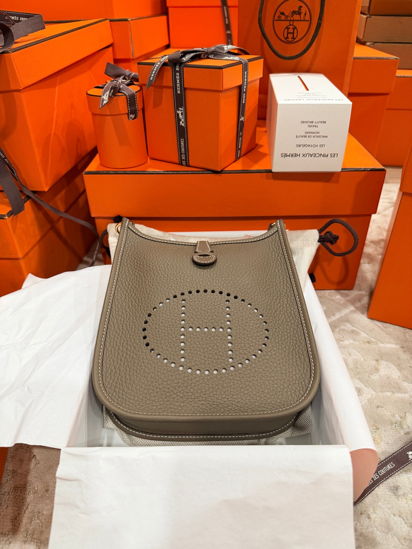 Hermes Mini Evelyne TPM 16 Etoupe Clemence Gold hardware Handbag