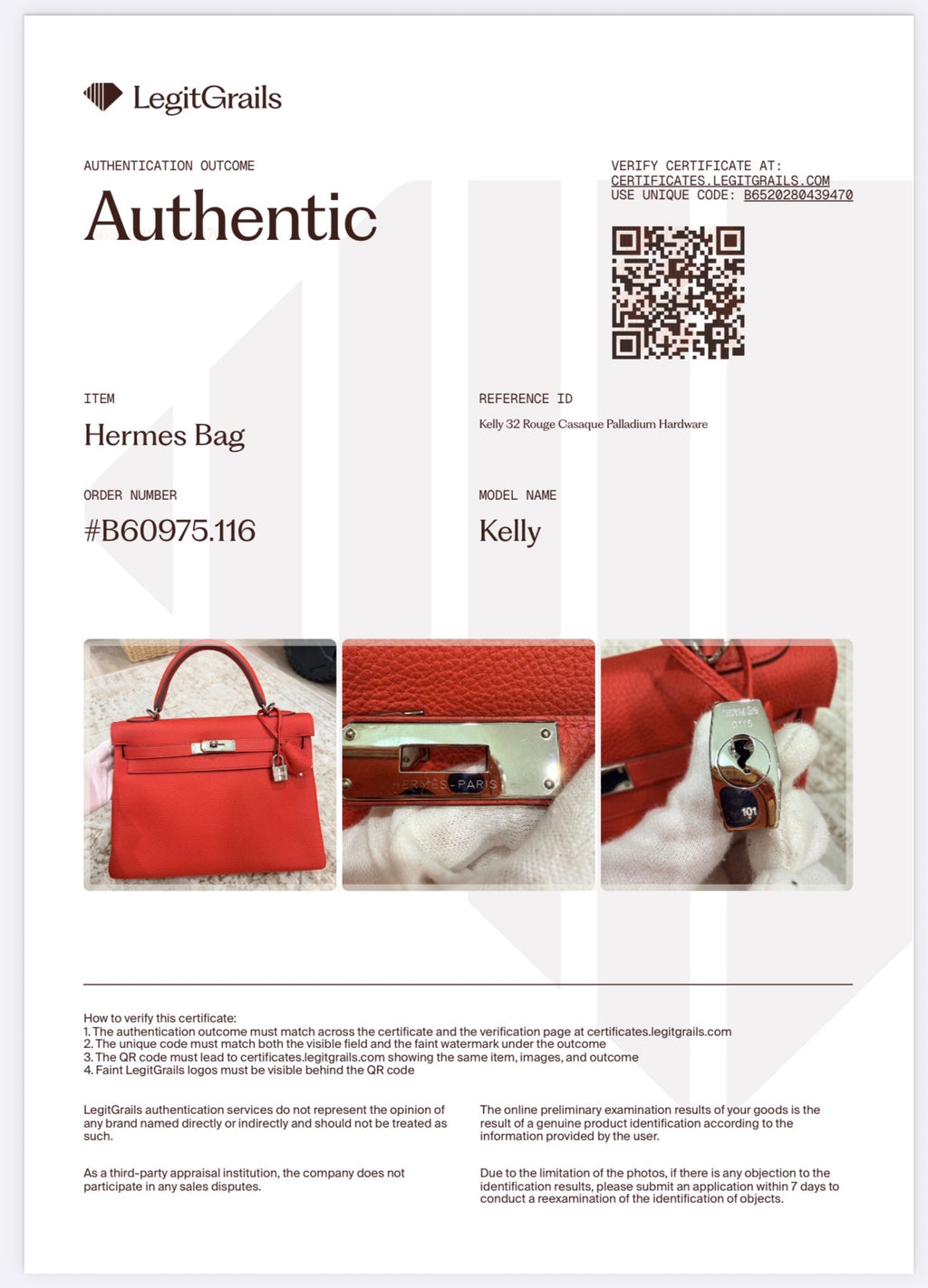 Hermes Kelly 32 Rouge Casaque Togo Palladium Hardware