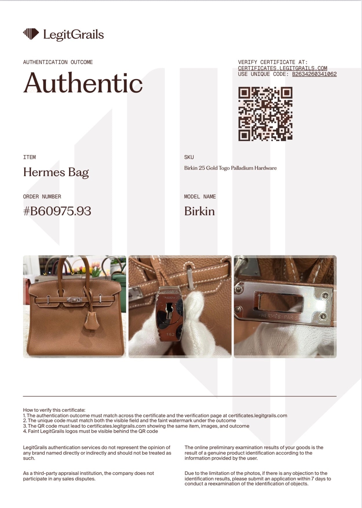 Birkin 25 Gold Togo With Palladium Hardware